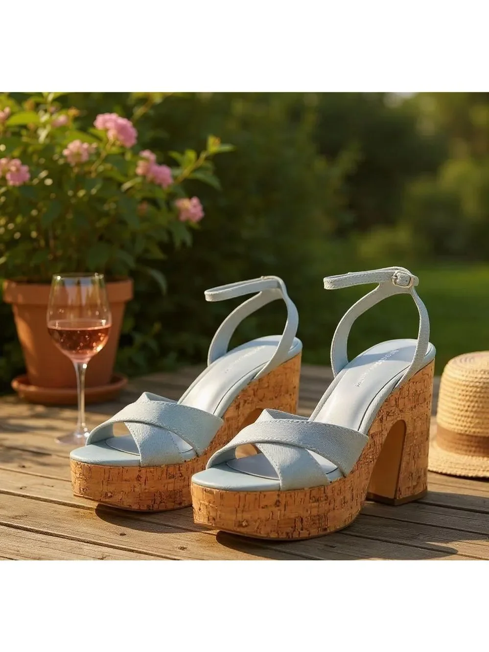 Madden Girl Women Light Wash Retro Cork Chunky Platform Sandals 9.5 M Denim Blue